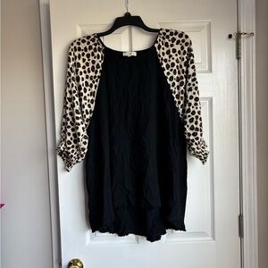 Umgee Black Blouse with Leopard Print Sleeves